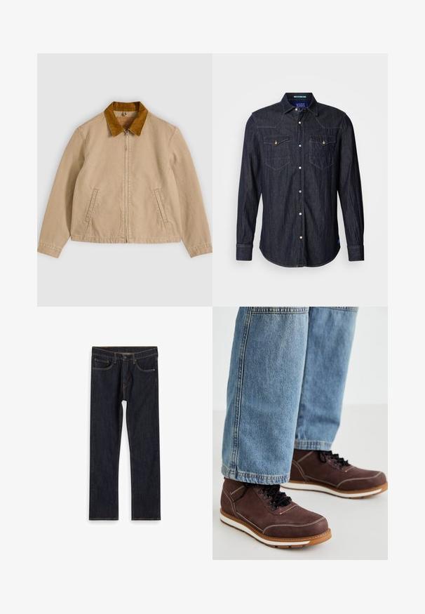 Beige Baumwolljacke mit braunem Cordkragen, Reißverschluss vorne und zwei Seitentaschen. Glatte Textur mit sichtbaren Nahtdetails.; Scotch & Soda REGULAR FIT WESTERN SHIRT - Hemd - dark denim; Dunkelblaue, gerade geschnittene Jeans aus Denim mit Fronttaschen, Gürtelschlaufen und kontrastierendem orangefarbenem Nähen, flach auf weißem Hintergrund ausgelegt.; Braune Lederschuhe mit schwarzen Schnürsenkeln, weißer Naht und gummierter Sohle. Kombiniert mit hellblauen Denim-Jeans in leicht lockerer Passform.