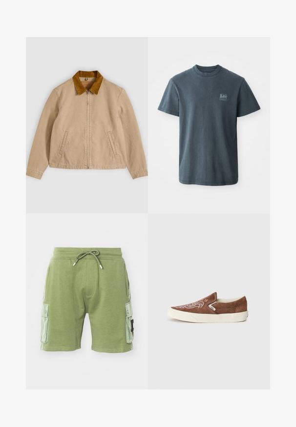 Veste en coton beige avec un col en velours côtelé marron, fermeture zippée à l'avant et deux poches latérales. Texture lisse avec des détails de couture visibles.; T-shirt en coton gris foncé avec un col rond, des manches courtes et un petit logo imprimé sur le côté gauche. Coupe classique avec ourlet droit.; Shorts en coton verts avec taille élastique et cordon de serrage. Comprend deux poches cargo latérales et des accents de panneaux texturés sur les côtés.; Vans CLASSIC SLIP ON UNISEX - Baskets basses - potting soil/marshmallow
