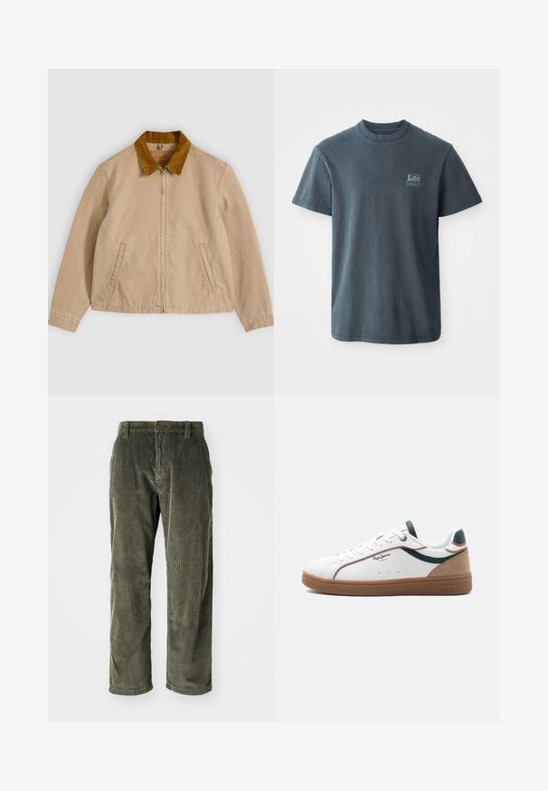 Beige bomuldsjakke med en brun kordfløjlsflip, frontlynlås og to sidelommer. Glat tekstur med synlige syningsdetaljer.; Mørkegrå bomulds T-shirt med rund hals, korte ærmer og et lille trykt logo på venstre side. Klassisk pasform med lige kant.; Olivengrønne fløjlsbukser med lodrette ribber, der har knaplukning og lige ben. Blød tekstur med en klassisk pasform.; Hvid lavtop sneaker med brun sål, grønne og beige accenter, hvide snørebånd og "Pepe Jeans London"-logo på siden.