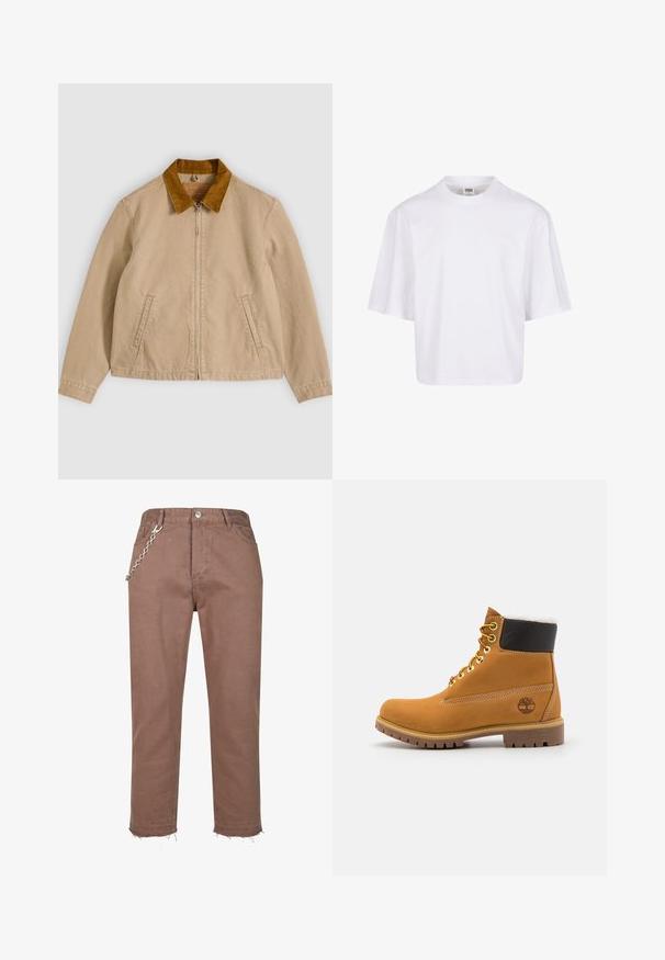 Veste en coton beige avec un col en velours côtelé marron, fermeture zippée à l'avant et deux poches latérales. Texture lisse avec des détails de couture visibles.; T-shirt blanc à manches courtes avec un col rond et une coupe décontractée, fabriqué à partir d'un tissu en coton mélangé doux. Aucun motif ni embellissement.; Pantalons en denim marron avec une coupe droite, présentant des ourlets effilochés et un accent en chaîne argentée attaché à la taille.; Bottine en cuir brun avec œillets en métal, doublure en fourrure blanche, col rembourré noir, semelle robuste et logo en relief sur le côté.