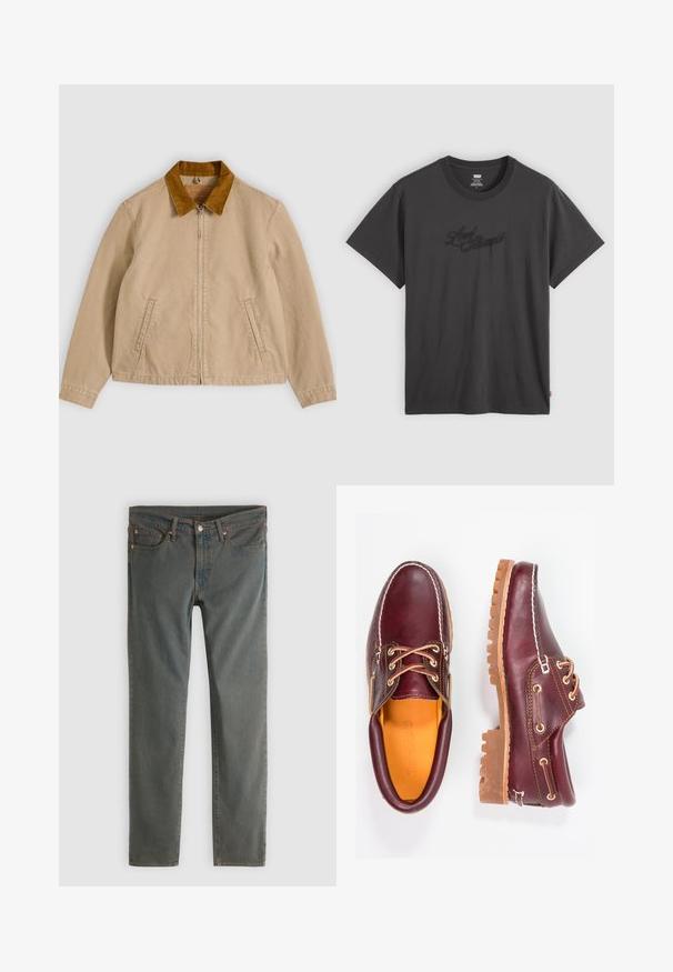 Veste en coton beige avec un col en velours côtelé marron, fermeture zippée à l'avant et deux poches latérales. Texture lisse avec des détails de couture visibles.; T-shirt noir Levi's à manches courtes et col rond avec une discrète inscription noire "Levi Strauss" brodée sur la poitrine et une petite étiquette rouge sur le côté.; Jean slim gris foncé avec bouton et fermeture éclair à l'avant, design à cinq poches et rivets en cuivre sur les passants de ceinture et les coins des poches.; Chaussures en cuir bourgogne avec semelles en caoutchouc marron, bout rond, couture blanche et œillets dorés. L'intérieur présente une doublure jaune.