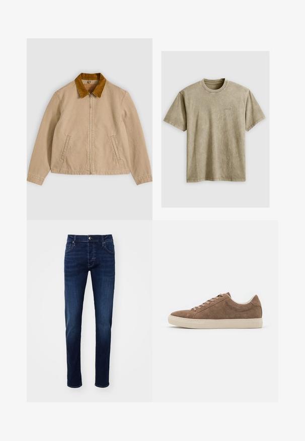Beige Baumwolljacke mit braunem Cordkragen, Reißverschluss vorne und zwei Seitentaschen. Glatte Textur mit sichtbaren Nahtdetails.; Helles braunes T-Shirt mit kurzen Ärmeln und Rundhalsausschnitt, aus weichem Stoff gefertigt. Verfügt über ein kleines, gesticktes Logo auf der Brust.; Dunkelblaue Slim-Fit Denim-Jeans mit Knopf vorne, Taschen, Gürtelschlaufen und dezenten Ausbleichungen an den Beinen.; Braune Wildleder-Sneaker für die Freizeit mit niedrigem Profil, flacher beige Gummisohle und sechs Schnürlöchern. Abgerundete Zehenform und minimalistisches Design.