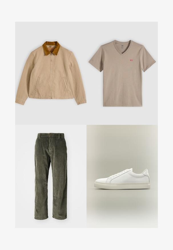 Beige bomuldsjakke med en brun kordfløjlsflip, frontlynlås og to sidelommer. Glat tekstur med synlige syningsdetaljer.; Beige kortærmet V-hals bomulds-T-shirt med lille rødt Levi's-logo på venstre bryst mod en neutral baggrund.; Olivengrønne fløjlsbukser med lodrette ribber, der har knaplukning og lige ben. Blød tekstur med en klassisk pasform.; Hvid lavtop sneaker med snørebånd foran og tyk sål, vist fra siden mod en neutral baggrund.