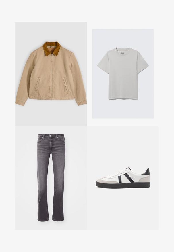 Beige puuvillatakki, jossa ruskea vakosamettikaulus, vetoketjulla edessä ja kaksi sivutaskua. Sileä pinta, jossa näkyvät ompelusaumat.; Vaaleanharmaa puuvillainen T-paita, jossa on pyöreä kaula-aukko ja lyhyet hihat. Ominaisuuksiin kuuluu minimalistinen muotoilu ja rento istuvuus. Ei kuvioita eikä koristeita.; Mustien farkkujen takapuolen lähikuva; Lee-merkkinen nahkainen merkki ja pieni kangasetiketti, käytettyä valkoisen paidan kanssa, joka on laitettu housuihin.; Valkoiset lenkkarit mustilla ja harmailla yksityiskohdilla, joissa on teksturoitu harmaa kärki, musta kumipohja ja litteät valkoiset nauhat. Siisti muotoilu, minimalistinen tyyli.