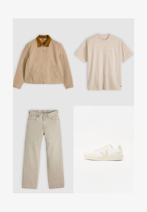 Veste en coton beige avec un col en velours côtelé marron, fermeture zippée à l'avant et deux poches latérales. Texture lisse avec des détails de couture visibles.; T-shirt beige à manches courtes avec col rond, logo Levi’s discret sur la poitrine et petite étiquette rouge sur la couture latérale.; Jean en denim beige à coupe ample, doté de cinq poches, d'une fermeture boutonnée et à glissière, avec des surpiqûres visibles le long des coutures.; Sneaker blanche avec des accents beiges, présentant un dessus texturé, un bout rond et une semelle en caoutchouc épaisse. Le design inclut le logo V iconique et le branding.