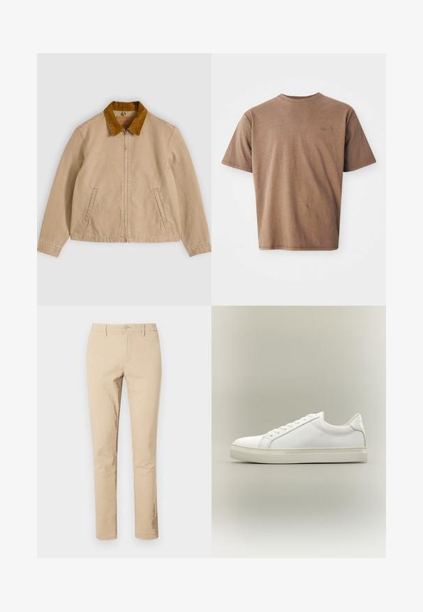 Beige bomuldsjakke med en brun kordfløjlsflip, frontlynlås og to sidelommer. Glat tekstur med synlige syningsdetaljer.; Brun bomulds t-shirt med rund hals, korte ærmer og et diskret broderet logo på venstre brystområde. Glat tekstur, afslappet pasform.; Beige bomuldsbukser med klassisk pasform, lynlås og knaplukning, bæltestropper og rene kanter. Ingen synlige mønstre eller accenter.; Hvid lavtop sneaker med snørebånd foran og tyk sål, vist fra siden mod en neutral baggrund.