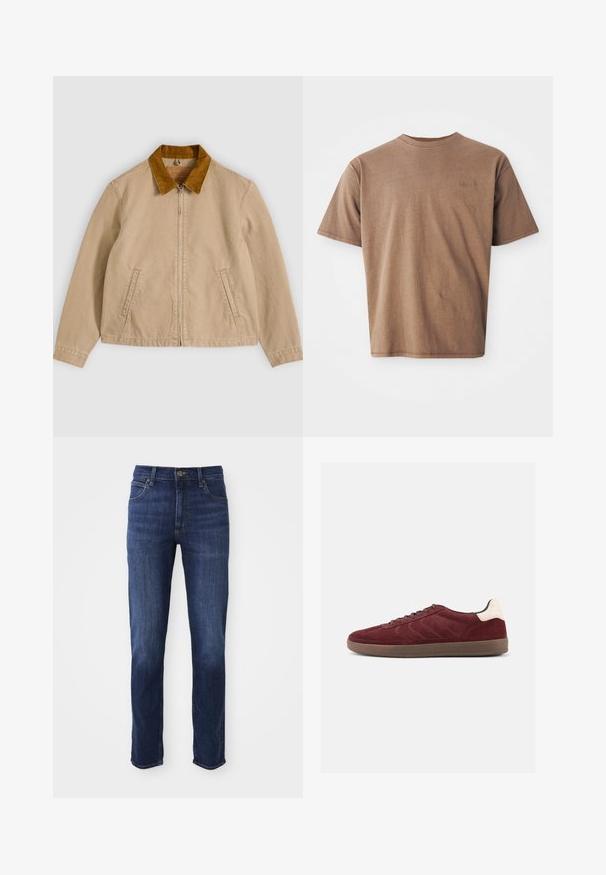 Veste en coton beige avec un col en velours côtelé marron, fermeture zippée à l'avant et deux poches latérales. Texture lisse avec des détails de couture visibles.; T-shirt en coton marron avec un col rond, des manches courtes et un logo brodé discret sur le côté gauche de la poitrine. Texture lisse, coupe décontractée.; Jean en denim bleu foncé avec une coupe droite, comprenant un design classique à cinq poches et un fermoir à bouton en métal. Détails de décoloration subtils sur le tissu.; Baskets en daim bordeaux avec fermeture à lacets, détails texturés sur les côtés et accent de talon clair. Semelle en gomme avec une finition lisse.