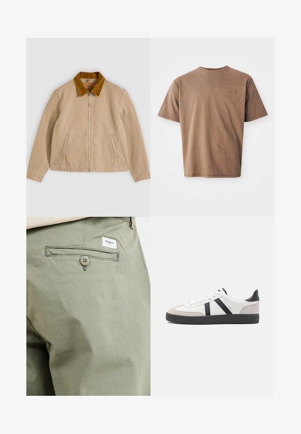 Beige katoenen jas met een bruine corduroy kraag, ritssluiting aan de voorkant en twee zijzakken. Gladde textuur met zichtbare stikdetails.; Bruine katoenen t-shirt met ronde hals, korte mouwen en een discreet geborduurd logo op de linkerborst. Soepele structuur, relaxte pasvorm.; Licht olijfgroene katoenen broek met een achterzak, voorzien van een knoopsluiting en een klein merkembleem dat boven de zak is gestikt.; Witte sneaker met zwarte en grijze accenten, voorzien van een grijze neus met textuur, zwarte rubberen zool en platte witte veters. Schoon ontwerp, minimalistische stijl.