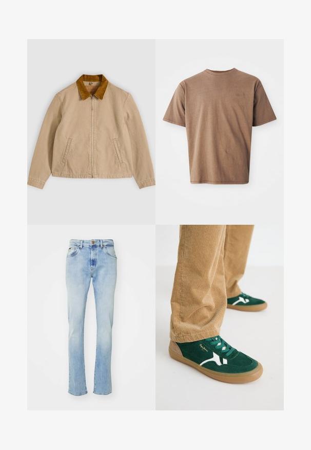 Beige puuvillatakki, jossa ruskea vakosamettikaulus, vetoketjulla edessä ja kaksi sivutaskua. Sileä pinta, jossa näkyvät ompelusaumat.; Ruskea puuvillapaita, jossa on pyöreä pääntie, lyhyet hihat ja huomaamaton brodeerattu logo vasemmassa rinnassa. Sileä rakenne, rento istuvuus.; Vaaleansiniset denim-farkut suoran mallin, joissa on viisi taskua, nappisuljenta ja hillitty haalistuminen reisi- ja lahjealueilla.; Vihreät mokkanahkakengät valkoisilla yksityiskohdilla ja vihreillä nauhoilla. Kumi-pohja, pyöreä kärki ja vaaleanruskeat yksityiskohdat kantapäässä. Yhdistetty corduroy-housujen kanssa.