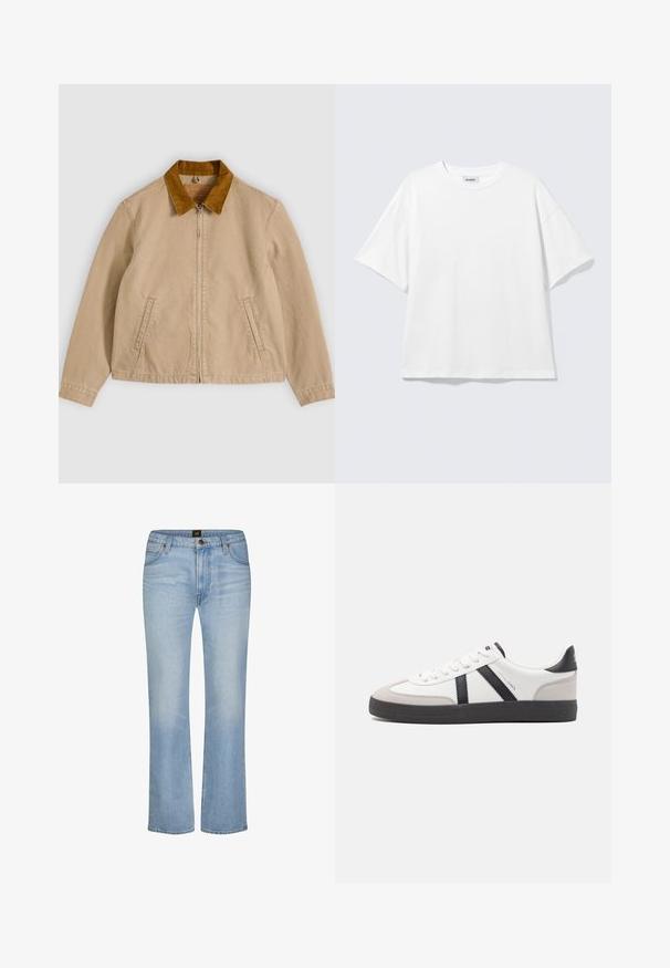 Beige katoenen jas met een bruine corduroy kraag, ritssluiting aan de voorkant en twee zijzakken. Gladde textuur met zichtbare stikdetails.; Witte oversized T-shirt met korte mouwen, ronde hals en verlaagde schouders, plat op een lichtgrijze achtergrond.; Lichtblauwe rechte spijkerbroek met voorzakken, riemlussen, ritssluiting en een merkknopsluiting in de taille.; Witte sneaker met zwarte en grijze accenten, voorzien van een grijze neus met textuur, zwarte rubberen zool en platte witte veters. Schoon ontwerp, minimalistische stijl.