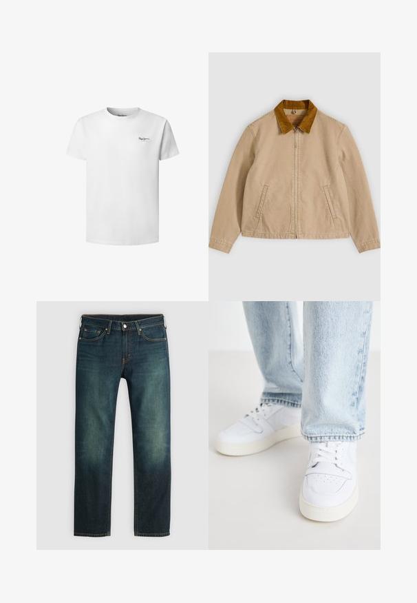 Veste en coton beige avec un col en velours côtelé marron, fermeture zippée à l'avant et deux poches latérales. Texture lisse avec des détails de couture visibles.; T-shirt blanc à manches courtes avec col rond et petit logo "Pepe Jeans London" sur le côté gauche de la poitrine.; Jean en denim bleu foncé avec une coupe droite, coutures visibles, style cinq poches et une texture légèrement usée avec un léger délavage.; Baskets basses en cuir blanc avec un bout perforé, des lacets plats et un design minimaliste. Associées à un jean en denim bleu clair.