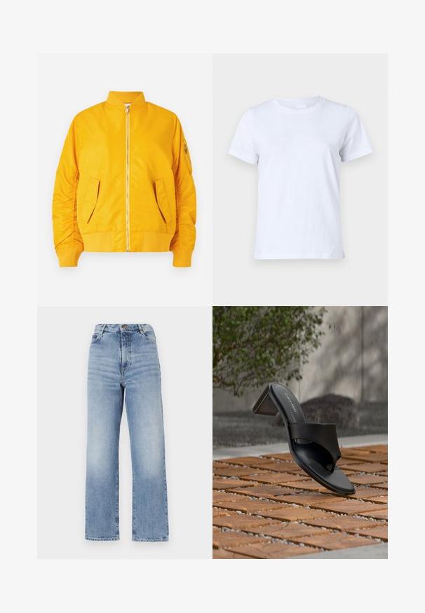 Gelbe Bomberjacke mit einem Frontreißverschluss, geripptem Kragen und Bündchen, zwei Seitentaschen und einer mit Reißverschluss versehenen Ärmeltasche. Glattes, glänzendes Material.; Weißes Baumwoll-T-Shirt, kurze Ärmel, klassisches Rundhalsdesign, einfarbige Textur ohne Muster oder Akzente, normale Passform, einfach und vielseitig.; Hellblaue hoch-taillierte Jeans mit geradem Bein, ausgestattet mit einem sichtbaren Knopfverschluss und minimaler Ausbleichung für einen sauberen Look.; Schwarze Calvin Klein Sandale mit Absatz und Zehenschlaufe auf einem Holzkachelfußboden im Freien neben einem Baum und einer Steinmauer.