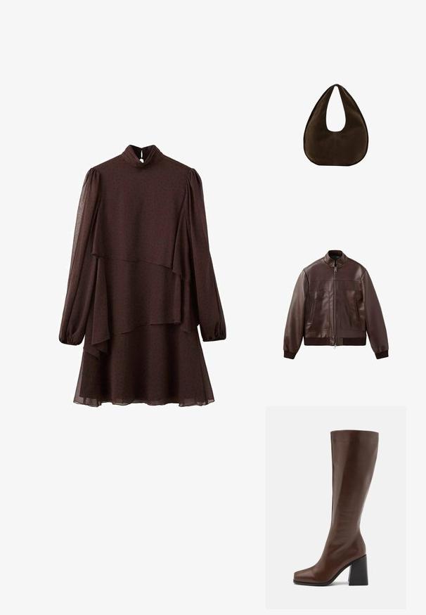 Veste aviateur en cuir marron foncé avec poignets et ourlet côtelés, fermeture éclair frontale et deux poches verticales zippées.; Robe marron foncé à manches longues avec ourlet asymétrique en couches, col montant avec fermeture bouton à découpe en goutte, et motif à petits pois subtil.; RAID RENZO - Bottes - brown; Sac à main en daim marron foncé en forme de croissant avec une seule sangle large et une texture lisse sur fond blanc.