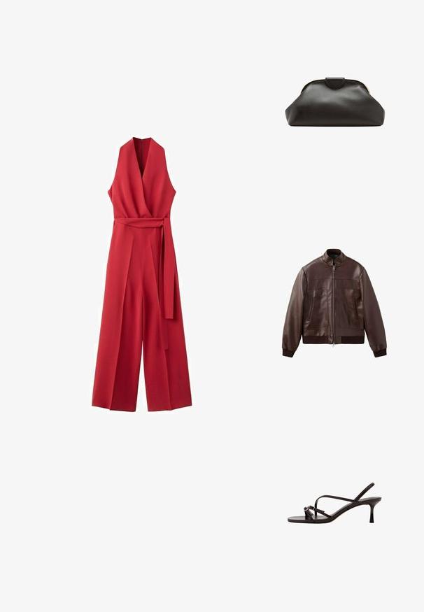 Veste aviateur en cuir marron foncé avec poignets et ourlet côtelés, fermeture éclair frontale et deux poches verticales zippées.; Combinaison rouge sans manches avec col en V, devant croisé, jambes larges, et ceinture assortie nouée à la taille.; Sandale noire en cuir à talon haut avec fines lanières, bout ouvert et talon slingback, présentée sur fond blanc.; Pochette en cuir noir souple avec un cadre arrondi et une petite fermeture à languette en haut au centre.