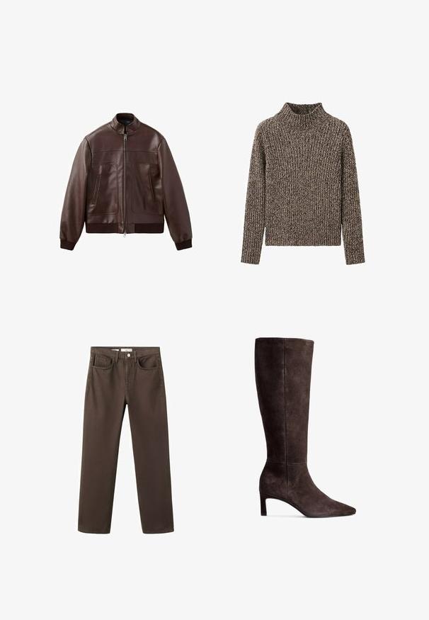 Mørkebrun læderbomberjakke med ribstrikkede manchetter og kant, lynlås foran og to lodrette lynlåslommer.; Brun og beige meleret strikket sweater med lange ærmer og en ribbet mock neck krave, præsenteret foran en hvid baggrund.; Brune denimjeans med lige ben, forlommer, bæltestropper og knaplukning ved taljen.; Brune ruskinds knæhøje støvler med spids tå og 3-tommer hæl. Glat tekstur, slank silhuet og minimalistisk design.