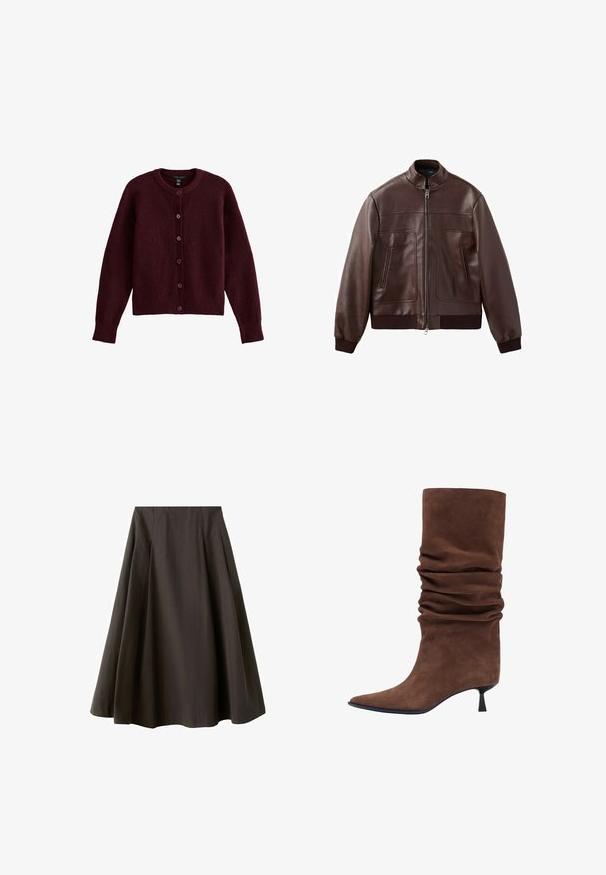 Veste aviateur en cuir marron foncé avec poignets et ourlet côtelés, fermeture éclair frontale et deux poches verticales zippées.; Gilet en maille bordeaux avec un col rond, des manches longues et six boutons assortis sur le devant. Texture douce et coupe décontractée.; Jupe noire trapèze à taille haute avec ourlet évasé, fabriquée en tissu lisse, présentée sur fond blanc.; Botte en daim marron, design décontracté, bout pointu, talon carré court, texture lisse, avec des détails de tissu plié autour de la tige.