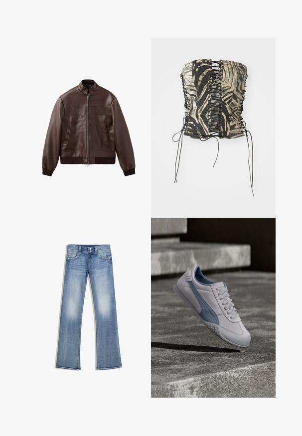 Veste aviateur en cuir marron foncé avec poignets et ourlet côtelés, fermeture éclair frontale et deux poches verticales zippées.; Top corset noir et beige avec un motif zèbre, présentant un devant lacé, des œillets en métal et de longs liens noirs sur les côtés.; Jean bootcut bleu clair à effet délavé, cinq poches, passants pour ceinture et fermeture à double bouton, posé à plat sur un fond blanc.; Baskets Puma gris clair et bleu avec lacets, suspendues au-dessus de marches en béton texturé en plein air.