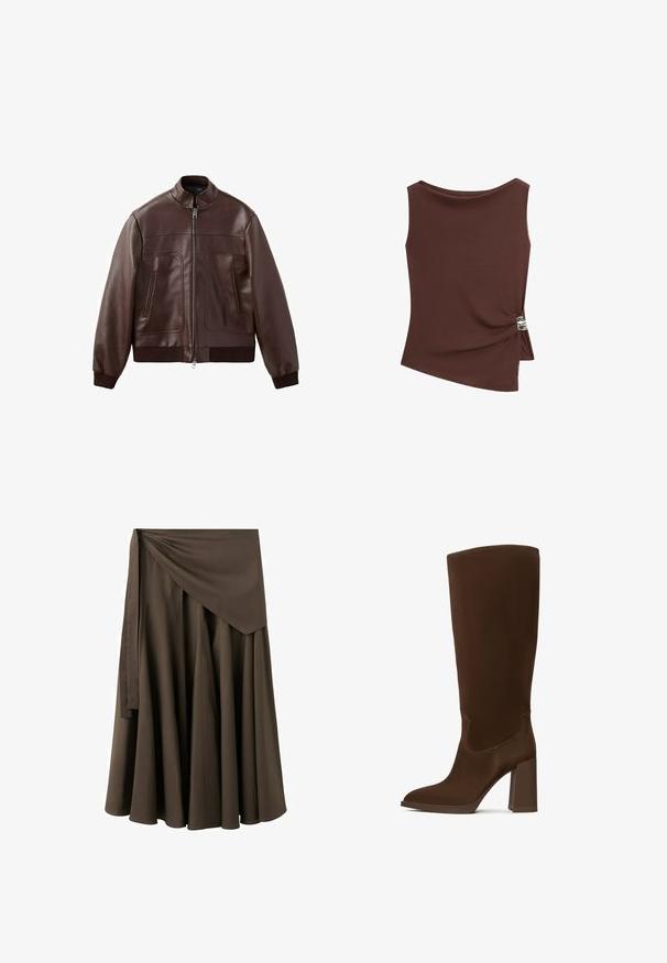 Veste aviateur en cuir marron foncé avec poignets et ourlet côtelés, fermeture éclair frontale et deux poches verticales zippées.; Haut asymétrique marron sans manches avec un léger détail drapé sur le côté droit, fermé par un petit fermoir argenté.; Jupe midi portefeuille marron avec une large ceinture et une longue bande à nouer, présentant de doux plis pour une silhouette fluide.; Botte marron jusqu'au genou en matériau lisse, avec un bout pointu et un talon carré. Les détails de couture rehaussent le design épuré.