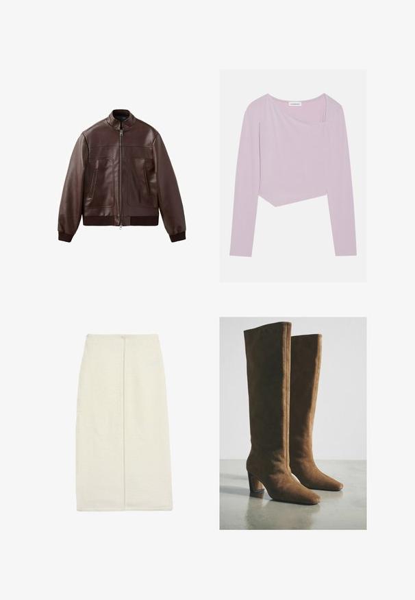 Mørkebrun læderbomberjakke med ribstrikkede manchetter og kant, lynlås foran og to lodrette lynlåslommer.; Lilla cropped top med lange ærmer, der har en off-shoulder udskæring og glat, let stof. Minimalistisk design, ingen mønstre.; Lang elfenbenfarvet nederdel lavet af tekstureret stof, med en lige design og en centralt placeret bagsøm. Ingen synligt hardware eller mønstre.; Brune ruskindsstøvler over knæet med spids tå og chunky, kantet hæl. Glat tekstur og sømdetaljer.