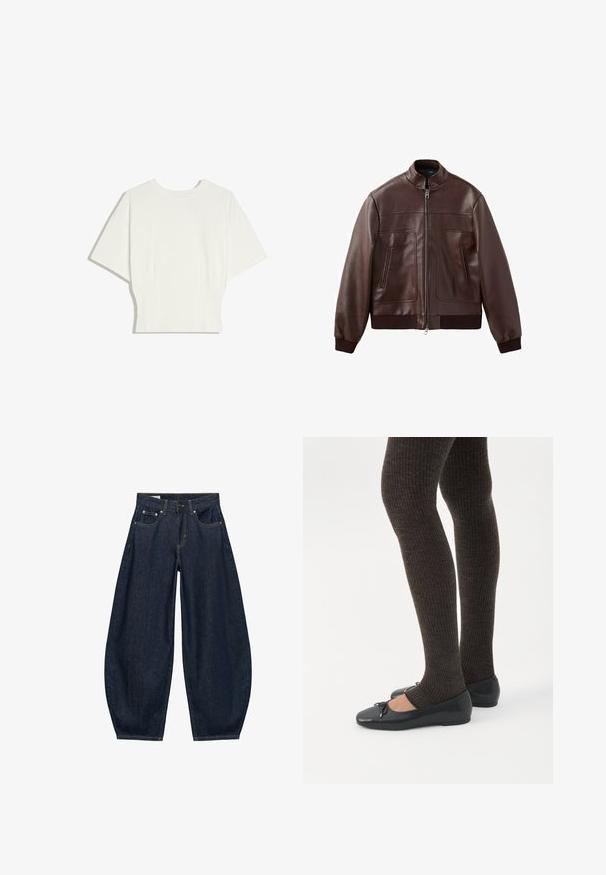 Veste aviateur en cuir marron foncé avec poignets et ourlet côtelés, fermeture éclair frontale et deux poches verticales zippées.; Haut blanc ajusté à manches courtes avec un col rond et des manches légèrement évasées, présenté sur un fond blanc uni.; Jean en denim bleu foncé à jambes larges avec poches avant, passants de ceinture et fermeture par bouton à la taille.; Jambes portant des leggings côtelés foncés associés à des ballerines noires avec de petits détails en nœud sur fond blanc.