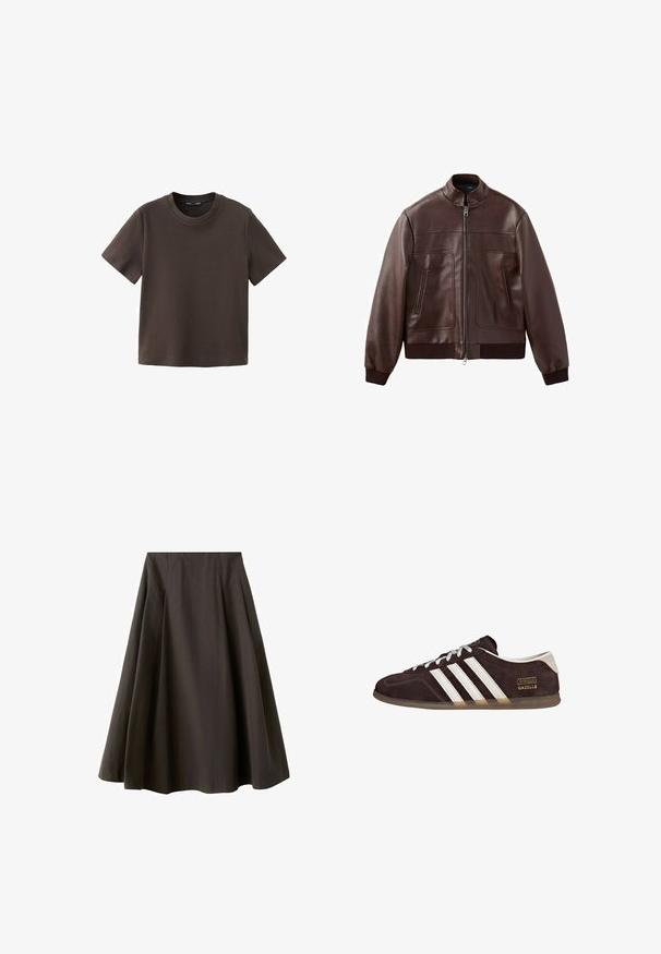 Veste aviateur en cuir marron foncé avec poignets et ourlet côtelés, fermeture éclair frontale et deux poches verticales zippées.; T-shirt uni marron foncé à manches courtes et col rond, avec un ourlet droit, présenté sur un fond blanc.; Jupe noire trapèze à taille haute avec ourlet évasé, fabriquée en tissu lisse, présentée sur fond blanc.; Baskets en suède marron avec trois bandes blanches, semelle en caoutchouc, et étiquette avec le texte "Gazelle" en or. Fermeture à lacets avec lacets gris.