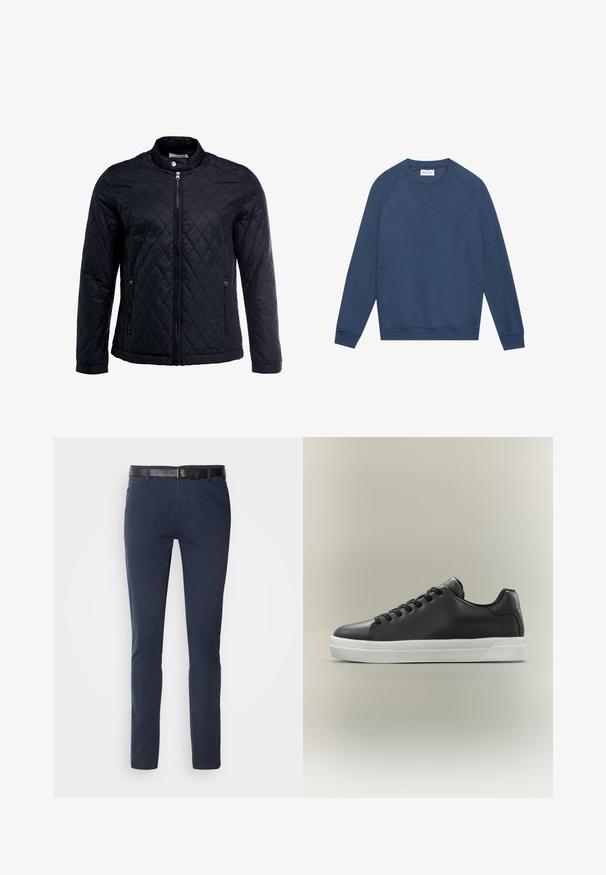 Sort quiltet jakke med ståkrave, fuld frontlynlås og to sidelommer. Fremstillet af glat, letvægtsstof med et diamantmønster.; Langærmet blå crewneck sweatshirt med raglanærmer, ribstrikkede manchetter og kant, samt en lille broderet "X" detalje under halsudskæringen.; Marineblå bomuldsbukser med slim fit, udstyret med et struktureret sort læderbælte og klassiske lommer. Rent design, uden mønstre.; Sort lavtop sneakers i læder med sorte snørebånd og hvid gummisål på neutral baggrund, sidevisning.
