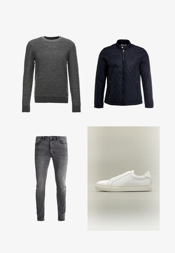Veste noire matelassée avec col montant, fermeture éclair sur toute la longueur et deux poches latérales. Fabriquée en tissu lisse et léger avec un motif en losanges.; Pull en tricot gris avec un motif texturé, col rond et manches longues. Présente un ourlet et des poignets côtelés.; Jeans en denim gris slim-fit avec une légère élasticité. Comprend cinq poches, une fermeture éclair et un bouton métallique contrastant. Texture délavée.; Baskets blanches basses à lacets sur l’avant et semelle épaisse, vues de côté sur un fond neutre.