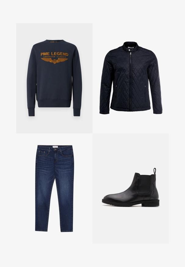 Zwarte gevoerde jas met een opstaande kraag, volledige ritssluiting aan de voorkant en twee zijzakken. Gemaakt van gladde, lichte stof met een ruitpatroon.; Marineblauwe sweatshirt van katoen, voorzien van een gouden bedrukte logo met vleugels. Ronde hals, lange mouwen, ribgebreide manchetten en onderrand.; Donkerblauwe slim-fit jeans met vijf zakken, knoopsluiting en contrasterende stiksels, gelabeld Pier One op de tailleband.; Zwarte leren Chelsea-boot met elastische zijpanelen, ronde neus en een lage blokhak. Voorzien van een treklipje aan de achterkant voor gemakkelijk aan- en uittrekken.