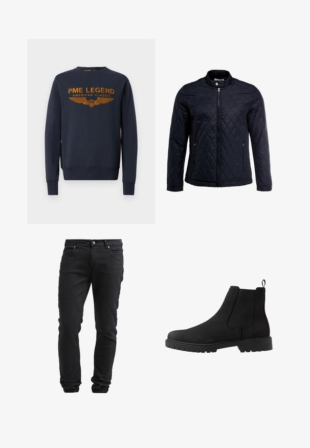 Schwarze gesteppte Jacke mit Stehkragen, durchgehendem Reißverschluss und zwei Seitentaschen. Hergestellt aus glattem, leichtem Stoff mit einem Diamantmuster.; Marineblaue Sweatshirt aus Baumwolle, mit goldenem bedrucktem Logo mit Flügeln. Rundhalsausschnitt, lange Ärmel, gerippte Bündchen und Saum.; Schwarze Slim-Fit-Jeans mit Knopf- und Reißverschluss, fünf Taschen und elastischen Bündchen an den Knöcheln.; Pier One UNISEX - Stiefelette - black