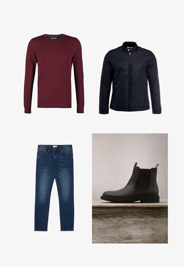 Veste noire matelassée avec col montant, fermeture éclair sur toute la longueur et deux poches latérales. Fabriquée en tissu lisse et léger avec un motif en losanges.; Pull en jersey bordeaux avec un col rond, fabriqué en tissu lisse, doté de manches longues et de poignets et ourlet côtelés pour une texture supplémentaire.; Jean slim-fit bleu foncé avec des détails délavés, design classique à cinq poches, fermeture à bouton et passants de ceinture.; Bottines Chelsea en cuir noir avec des panneaux élastiques sur les côtés et des languettes, flottant au-dessus d'un banc en bois en extérieur avec un fond d'herbe.