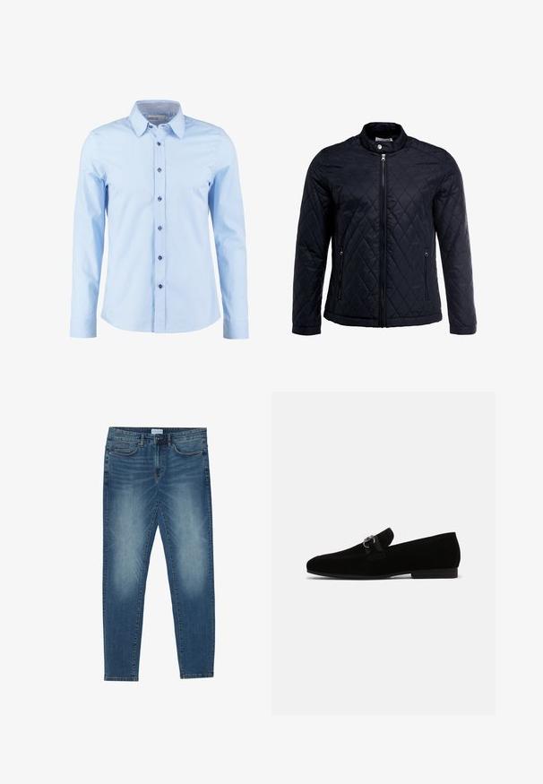 Veste noire matelassée avec col montant, fermeture éclair sur toute la longueur et deux poches latérales. Fabriquée en tissu lisse et léger avec un motif en losanges.; Chemise habillée bleu clair à manches longues avec des boutons foncés et un col intérieur à carreaux, boutonnée devant.; Jean en denim bleu moyen avec un délavage léger, design à cinq poches, coupe droite et accents cousus. Fermeture par bouton et zip.; Mocassins en daim noir avec un petit talon, ornés d'une sangle en tissu et d'une boucle en argent décorative. Texture lisse, design à bout pointu.