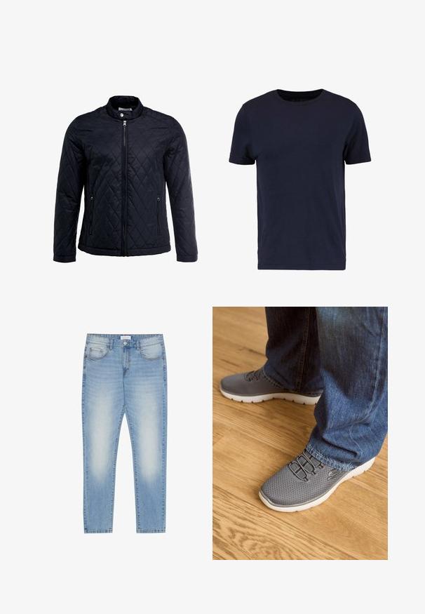 Veste noire matelassée avec col montant, fermeture éclair sur toute la longueur et deux poches latérales. Fabriquée en tissu lisse et léger avec un motif en losanges.; Pier One by Zalando T-shirt basique - dark blue; Jean en denim bleu clair avec une coupe regular, design à cinq poches, légère patine à l'avant et finition jambe droite.; Des chaussures de sport grises avec une tige en maille, une semelle blanche et des lacets élastiques. Associées à un jean en denim bleu, sur un sol en bois.