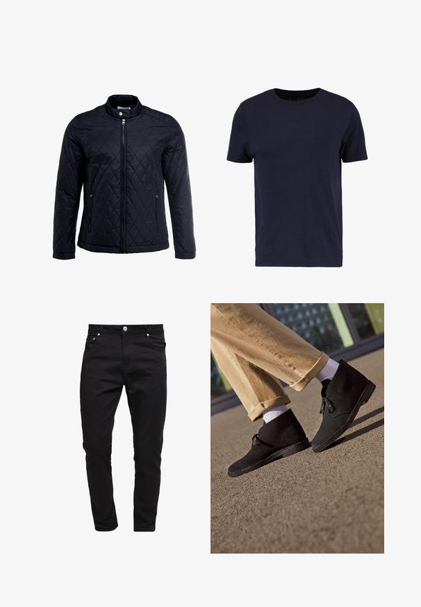 Chaqueta negra acolchada con cuello alto, cierre frontal completo y dos bolsillos laterales. Fabricada en una tela suave y liviana con un patrón de diamantes.; Pier One Camiseta básica - dark blue; Jeans negros de tela de mezclilla, diseño ajustado, estilo de cinco bolsillos, cierre de botón metálico, con detalles de costura y una textura suave.; Botas de ante negras hasta el tobillo con una suela texturizada, presentan una punta redondeada y un cierre de cordones, combinadas con pantalones caqui enrollados y calcetines blancos.