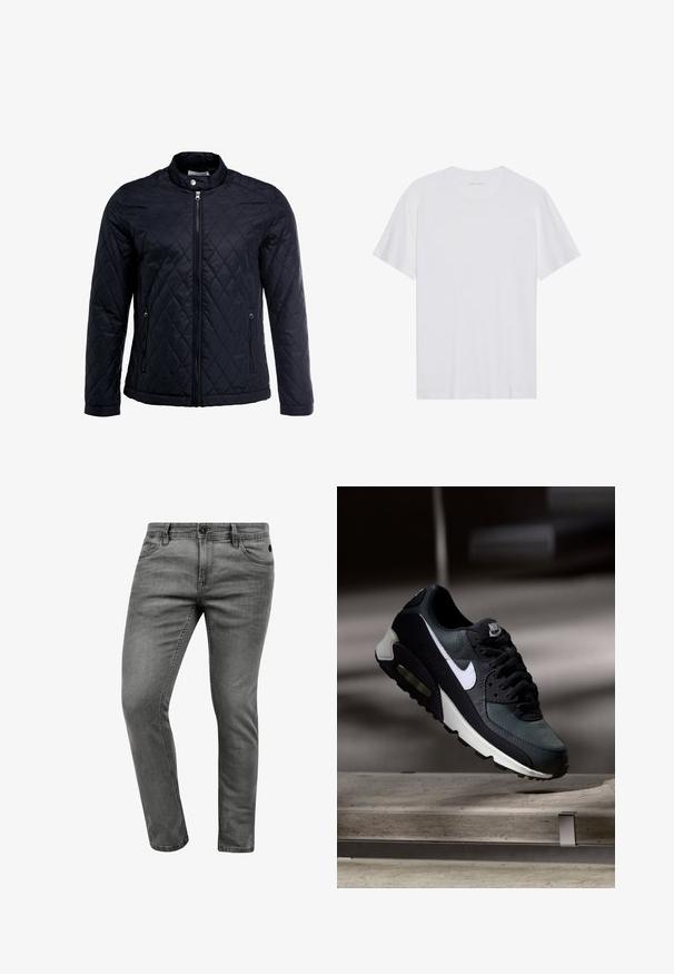 Sort quiltet jakke med ståkrave, fuld frontlynlås og to sidelommer. Fremstillet af glat, letvægtsstof med et diamantmønster.; Hvid bomulds T-shirt med korte ærmer, rund hals og en glat tekstur. Har minimal branding på halsudskæringen.; Grå denim jeans med slim fit, der har fem lommer, en knaplukning og diskrete syninger. Blød tekstur og enkelt design.; Sort og grå Nike Air Max sneaker med hvid swoosh, ophængt over en betongulv mod en sløret mørk baggrund.