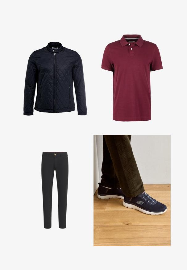 Sort quiltet jakke med ståkrave, fuld frontlynlås og to sidelommer. Fremstillet af glat, letvægtsstof med et diamantmønster.; Burgundy polo skjorte, korte ærmer, knapstolpe, ribbet krave, lavet af bomuldsstof, glat tekstur, enkelt design uden mønstre.; Sorte slimfit bukser med bæltestropper, forlommer og knaplukning i taljen.; Marine mesh sneakers med hvide såler, der har elastiske snørebånd og et logodesign. Afslappet stil med en let konstruktion.