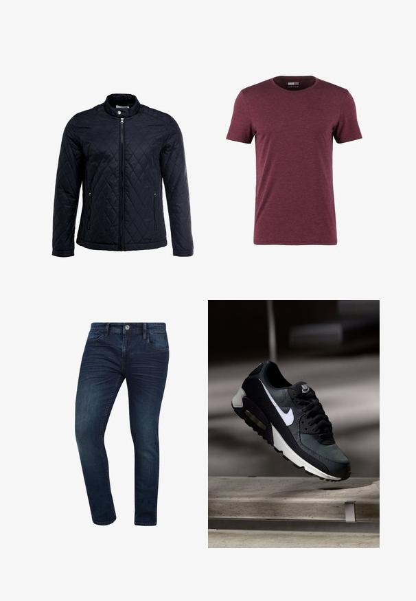 Musthave mustärane tikandiga jakk, millel on seisva kraega, täielik eesmine lukustus ja kaks külge taskut. Valmistatud siledast ja kergest kangast, millel on teemantmuster.; Burgundia värvi ümardatud kaelusega T-särk, mis on valmistatud pehmest kangast, lühikeste varrukatega ja sileda tekstuuriga, sobib igapäevaseks kandmiseks.; Tumedatest sinistest teksad slim fit lõikes, klassikalise viie tasku kujundusega ning metallist nööp sulgemisega vööl.; Must ja hall Nike Air Max toss valge triibuga, riputatud betoonpinna kohale, uduse tumeda tausta ees.