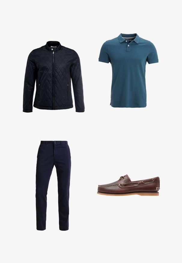 Schwarze gesteppte Jacke mit Stehkragen, durchgehendem Reißverschluss und zwei Seitentaschen. Hergestellt aus glattem, leichtem Stoff mit einem Diamantmuster.; Poloshirt in Teal mit klassischem Kragen, Dreiknopf-Leiste, kurzen Ärmeln und seitlichen Schlitzen am Saum für Komfort und Bewegungsfreiheit.; Marineblaue Chinohosen aus einem Baumwollmischgewebe, mit geradem Bein, Fronttaschen, einem Reißverschluss sowie einem einzelnen Knopfverschluss am Bund.; Brauner Leder-Bootsschuh mit weißen Nähten, Schnürdetails und hellbrauner Gummisohle, seitlich auf weißem Hintergrund gezeigt.
