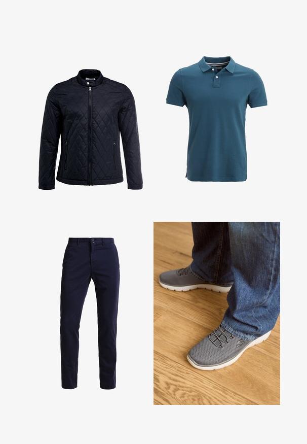 Schwarze gesteppte Jacke mit Stehkragen, durchgehendem Reißverschluss und zwei Seitentaschen. Hergestellt aus glattem, leichtem Stoff mit einem Diamantmuster.; Poloshirt in Teal mit klassischem Kragen, Dreiknopf-Leiste, kurzen Ärmeln und seitlichen Schlitzen am Saum für Komfort und Bewegungsfreiheit.; Marineblaue Chinohosen aus einem Baumwollmischgewebe, mit geradem Bein, Fronttaschen, einem Reißverschluss sowie einem einzelnen Knopfverschluss am Bund.; Graue Sportschuhe mit einem Mesh-Obermaterial, weißer Sohle und elastischen Schnürsenkeln. Kombiniert mit blauen Jeans auf einem Holzboden.