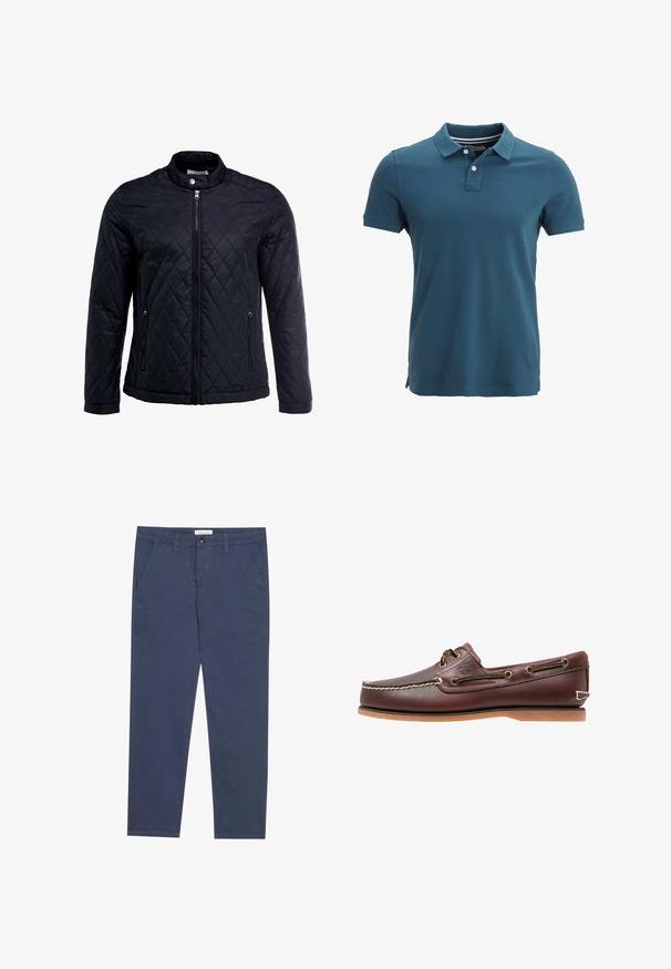 Chaqueta negra acolchada con cuello alto, cierre frontal completo y dos bolsillos laterales. Fabricada en una tela suave y liviana con un patrón de diamantes.; Camisa polo en azul verdoso con un cuello clásico, tapeta de tres botones, mangas cortas y aberturas en los laterales del dobladillo para mayor comodidad y libertad de movimiento.; Chinos de algodón azul marino con corte recto, dos bolsillos frontales y un sutil detalle de costura, que cuentan con una cinturilla con cierre de botón.; Zapato náutico de cuero marrón con costuras blancas, detalles de cordones y suela de goma color coñac, mostrado de lado sobre un fondo blanco.