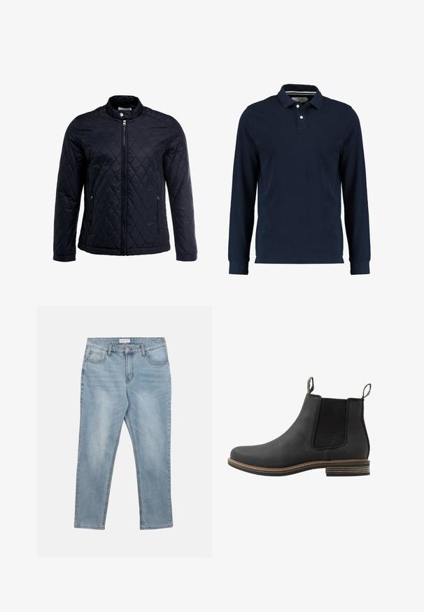 Schwarze gesteppte Jacke mit Stehkragen, durchgehendem Reißverschluss und zwei Seitentaschen. Hergestellt aus glattem, leichtem Stoff mit einem Diamantmuster.; Marineblaues Langarm-Polohemd aus Baumwolle, mit klassischem Kragen, Zwei-Knopf-Leiste und glatter Textur.; Hellblaue Denim-Jeans mit Frontknopf und Reißverschluss, Gürtelschlaufen und fünf Taschen, flach auf weißem Hintergrund liegend.; Schwarze Leder-Stiefelette mit elastischen Seiteneinsätzen, grünen Zuglaschen und einem braunen gestapelten Absatz. Verfügt über eine glatte Oberfläche und eine Nahtdetail.