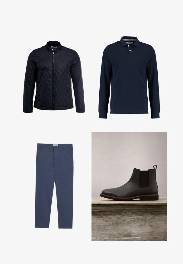 Veste noire matelassée avec col montant, fermeture éclair sur toute la longueur et deux poches latérales. Fabriquée en tissu lisse et léger avec un motif en losanges.; Polo shirt à manches longues navy en coton, avec un col classique, une patte de boutonnage à deux boutons et une texture lisse.; Chinos en coton bleu marine avec une coupe droite, deux poches avant et des détails de couture subtils, dotés d'une taille avec fermeture à bouton.; Bottine Chelsea en cuir noir avec des panneaux élastiques sur les côtés et un bout arrondi, dotée d'une semelle texturée et de détails de couture subtils, surélevée au-dessus d'une surface en bois.
