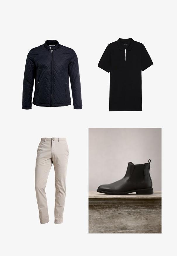 Veste noire matelassée avec col montant, fermeture éclair sur toute la longueur et deux poches latérales. Fabriquée en tissu lisse et léger avec un motif en losanges.; Polo noir en tissu lisse, avec une patte zippée, des manches courtes et un col classique. L'étiquette indique "PIER ONE."; Pantalons beige clair en tissu mélange de coton. Design à coupe droite avec fermeture à bouton à l'avant et poches latérales. Texture lisse.; Botte de cheville en cuir noir avec une texture lisse, bout arrondi, panneaux latéraux élastiques et languette, posée sur une surface en bois.