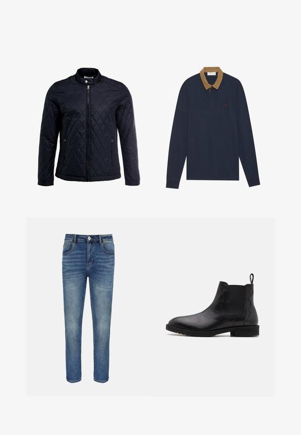 Zwarte gevoerde jas met een opstaande kraag, volledige ritssluiting aan de voorkant en twee zijzakken. Gemaakt van gladde, lichte stof met een ruitpatroon.; Navy lange mouw polo-shirt met een corduroy tan kraag. Bevat een klein rood logo op de borst, met knoopsluiting en geribde manchetten.; Blauwe straight-leg spijkerbroek met knoop- en ritssluiting aan de voorkant, riemlussen en voor- en achterzakken.; Zwarte leren Chelsea-boot met elastische zijpanelen, ronde neus en een lage blokhak. Voorzien van een treklipje aan de achterkant voor gemakkelijk aan- en uittrekken.