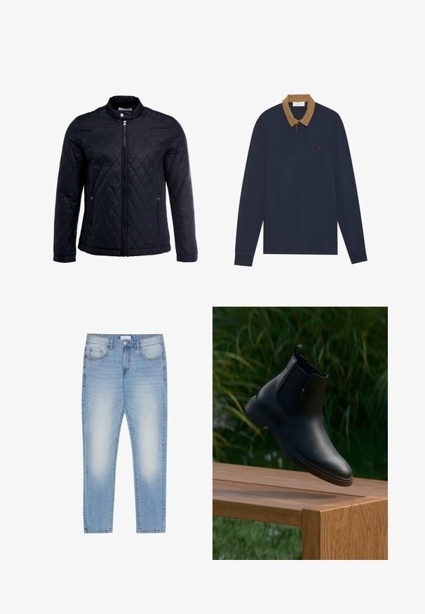 Veste noire matelassée avec col montant, fermeture éclair sur toute la longueur et deux poches latérales. Fabriquée en tissu lisse et léger avec un motif en losanges.; Polo-shirt à manches longues marine avec un col en velours côtelé beige. Présente un petit logo rouge sur la poitrine, avec une patte de boutonnage et des poignets côtelés.; Jean en denim bleu clair avec une coupe regular, design à cinq poches, légère patine à l'avant et finition jambe droite.; Bottine en cuir noir flottant au-dessus d'un banc en bois, avec de l'herbe verte et des plantes en arrière-plan flou.