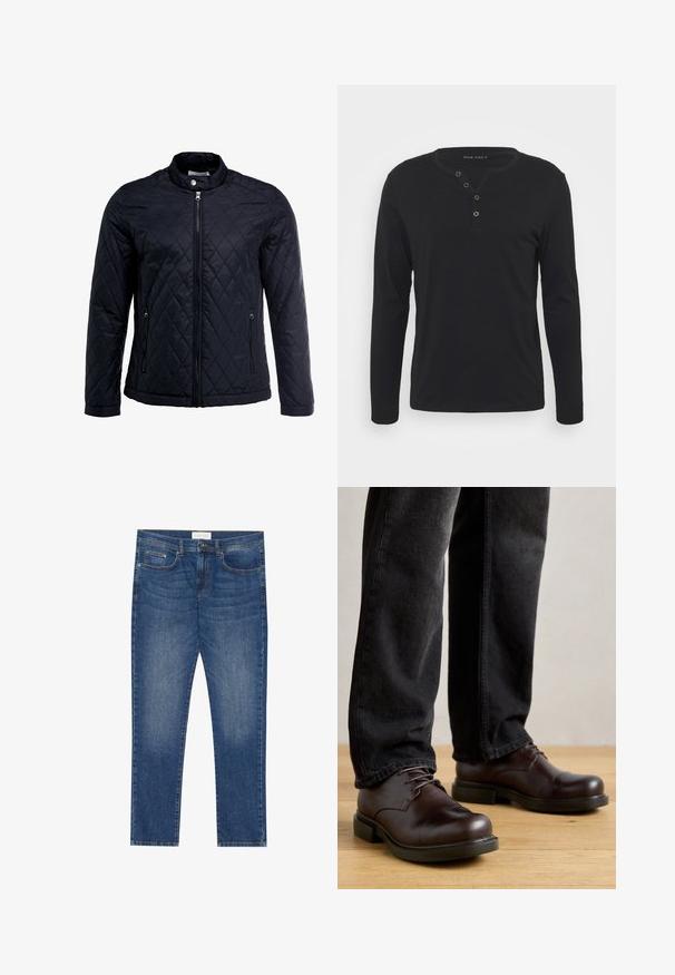 Schwarze gesteppte Jacke mit Stehkragen, durchgehendem Reißverschluss und zwei Seitentaschen. Hergestellt aus glattem, leichtem Stoff mit einem Diamantmuster.; Schwarzes Langarm-Henley-Shirt aus weichem Stoff, mit knöpfbarer Leiste, rundem Ausschnitt und enganliegenden Ärmeln.; Herren Jeans aus blauem Denim mit geradem Schnitt, fünf Taschen, leichtem Verwaschungsdetail sowie einem standardmäßigen Knopf- und Reißverschluss.; Braune Lederschuhe mit abgerundeter Spitze, Schnürdesign und dicker schwarzer Gummisohle, kombiniert mit dunkelblauen Jeans.