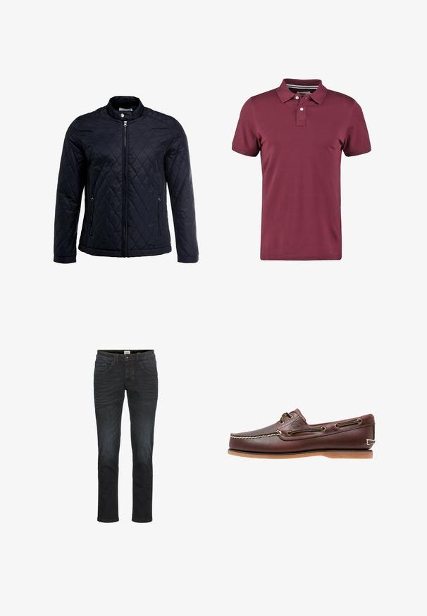 Zwarte gevoerde jas met een opstaande kraag, volledige ritssluiting aan de voorkant en twee zijzakken. Gemaakt van gladde, lichte stof met een ruitpatroon.; Bordeaux polo shirt van katoen, met een twee-knopen plak, korte mouwen en een gestreepte kraagaccent. Gladde textuur.; Slim-fit jeans in een donkere denimwassingen, met vijf zakken, riemlussen en een rits. Glad textuur met minimale vervaging en stikseldetails.; Bruine leren bootschoen met witte stiksels, veterdetails en beige rubberen zool, zijaanzicht op een witte achtergrond.
