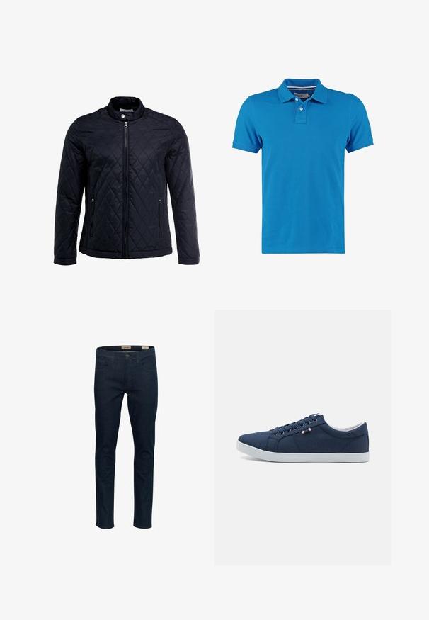 Schwarze gesteppte Jacke mit Stehkragen, durchgehendem Reißverschluss und zwei Seitentaschen. Hergestellt aus glattem, leichtem Stoff mit einem Diamantmuster.; Kurzärmliges Poloshirt aus leuchtend blauem Baumwolle, mit einem Kragen, dreiknöpfiger Leiste und ohne erkennbare Muster oder Akzente.; Dunkelblaue Jeans aus Denim im Slim-Fit-Schnitt, mit fünf Taschen und einem Knopfverschluss vorne. Merkmale sind feine Nähte und eine glatte Textur.; Marineblaue Leinenschuhe mit weißen Gummisohlen, runder Zehenpartie und sechs Paar Ösen für Schnürsenkel. Mit Logo-Etikett an der Seite.
