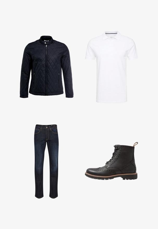 Sort quiltet jakke med ståkrave, fuld frontlynlås og to sidelommer. Fremstillet af glat, letvægtsstof med et diamantmønster.; Hvid polo t-shirt lavet af bomuld, med en traditionel krave, korte ærmer og en tre-knap lukning med diskrete marineblå accenter på indersiden.; Mørkeblå denimjeans med lige ben, fem lommer, gyldne stikninger og en glat tekstur. Knaplukning ved taljen.; Sorte læder ankelstøvler med brogue-detaljer, snørebånd foran og gummisål med tekstureret sål. Brune stikninger fremhæver kanten.
