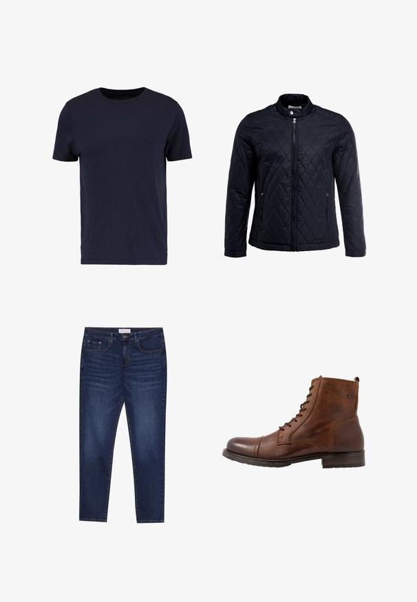 Veste noire matelassée avec col montant, fermeture éclair sur toute la longueur et deux poches latérales. Fabriquée en tissu lisse et léger avec un motif en losanges.; Pier One by Zalando T-shirt basique - dark blue; Jean slim-fit bleu foncé avec cinq poches, fermeture à bouton et couture contrastante, étiqueté Pier One à la taille.; Bottine en cuir marron avec un design à lacets, bout rond, semelle en caoutchouc et coutures tonales discrètes. Présente une petite boucle à l'arrière.
