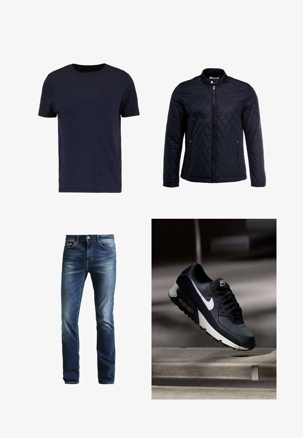 Chaqueta negra acolchada con cuello alto, cierre frontal completo y dos bolsillos laterales. Fabricada en una tela suave y liviana con un patrón de diamantes.; Pier One Camiseta básica - dark blue; Jeans de mezclilla en azul oscuro con un acabado desgastado, corte recto, diseño de cinco bolsillos y cierre de botón plateado. Incluye costuras en contraste.; Zapatilla Nike Air Max negra y gris con el logo blanco, suspendida sobre una superficie de cemento contra un fondo oscuro y desenfocado.